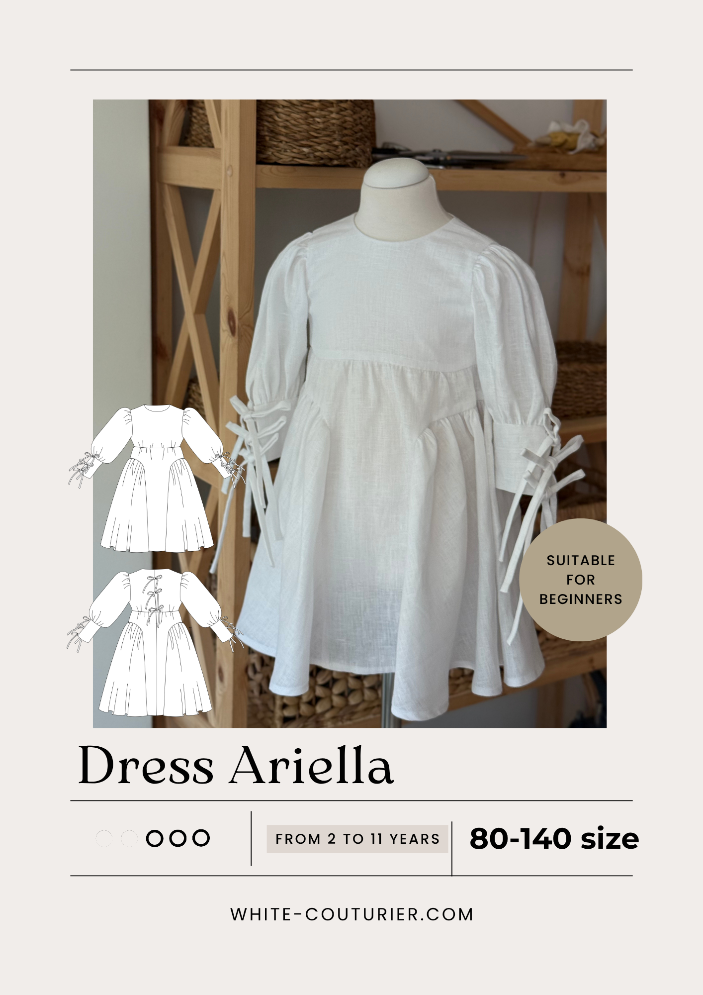 Ariella Girl Dress Sewing Pattern PDF — Sizes 80–140