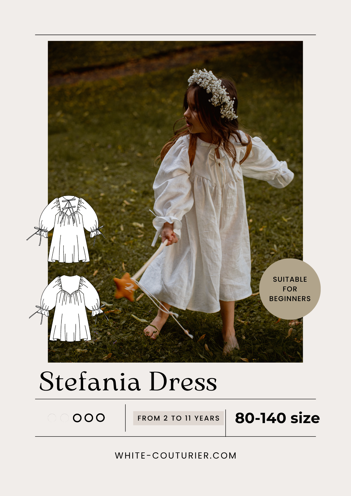 Stefania Girl Dress Sewing Pattern PDF — Sizes 80–140